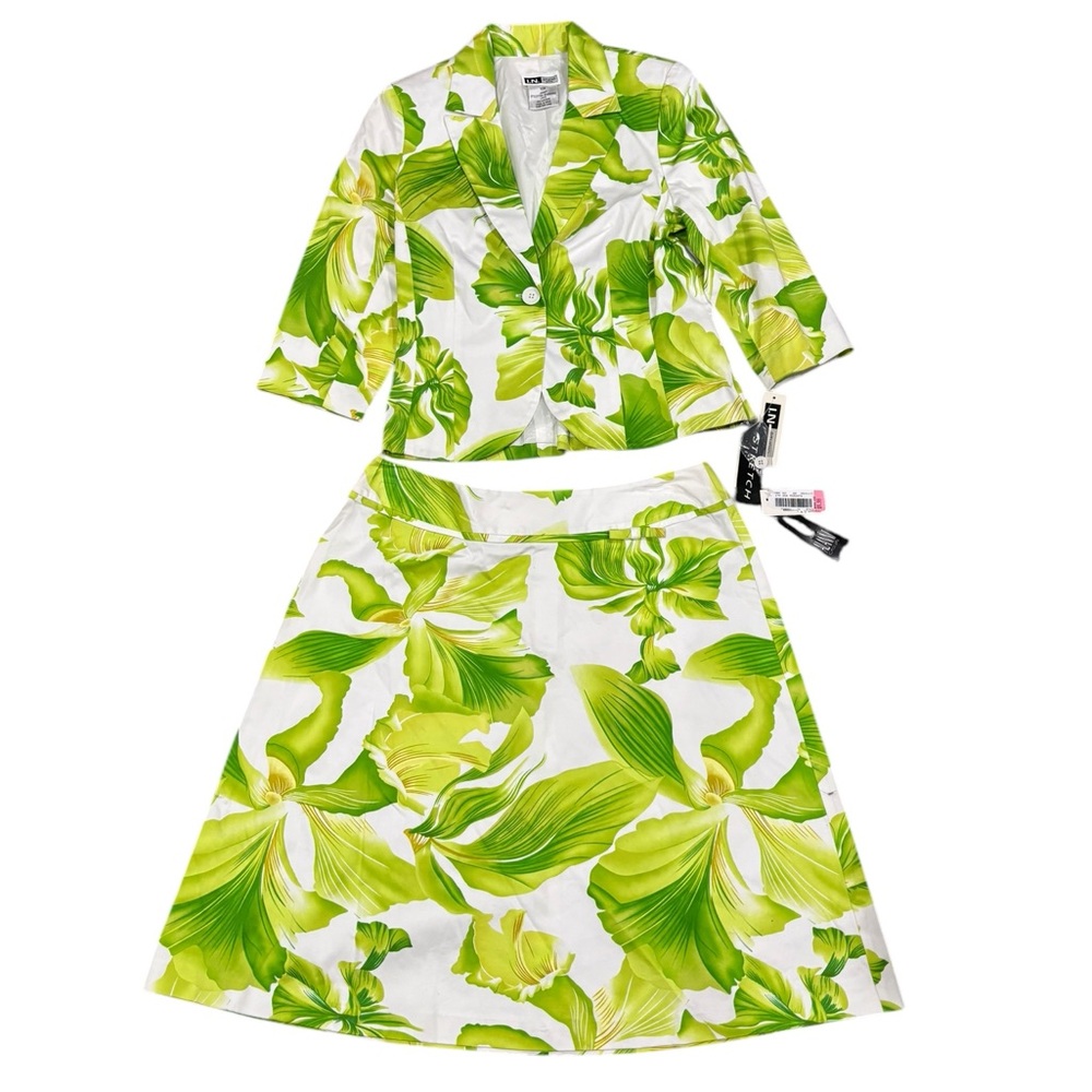 I. N. Studio Petite Green /White Leaf Print Blazer& Skirt Set-size 10 - Picture 1 of 9